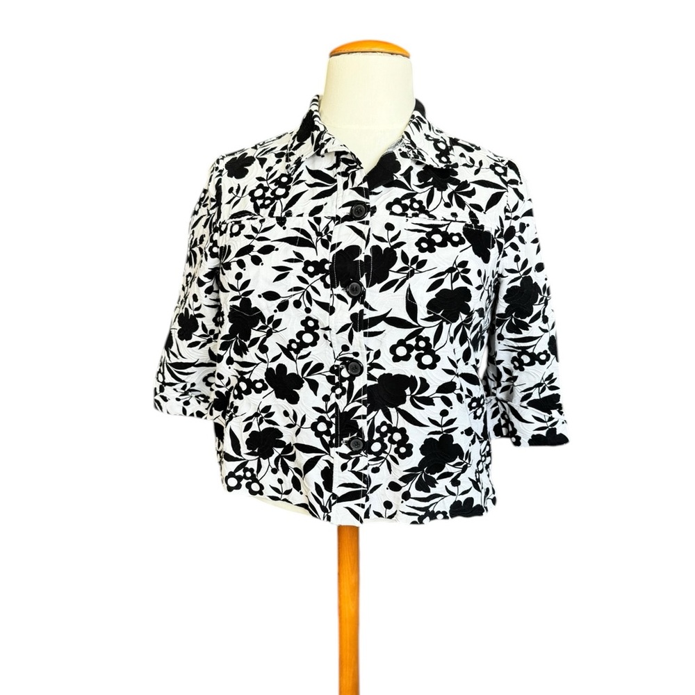 Dressbarn Black White Floral Jacket 14W Cottagecore Chic Blazer